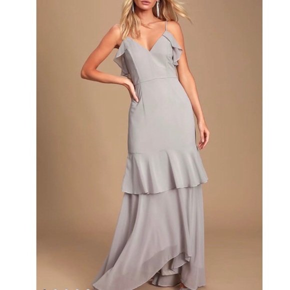 Lulus Dresses & Skirts - NWT Lulus Light Grey Ruffled High-Low Maxi Dress